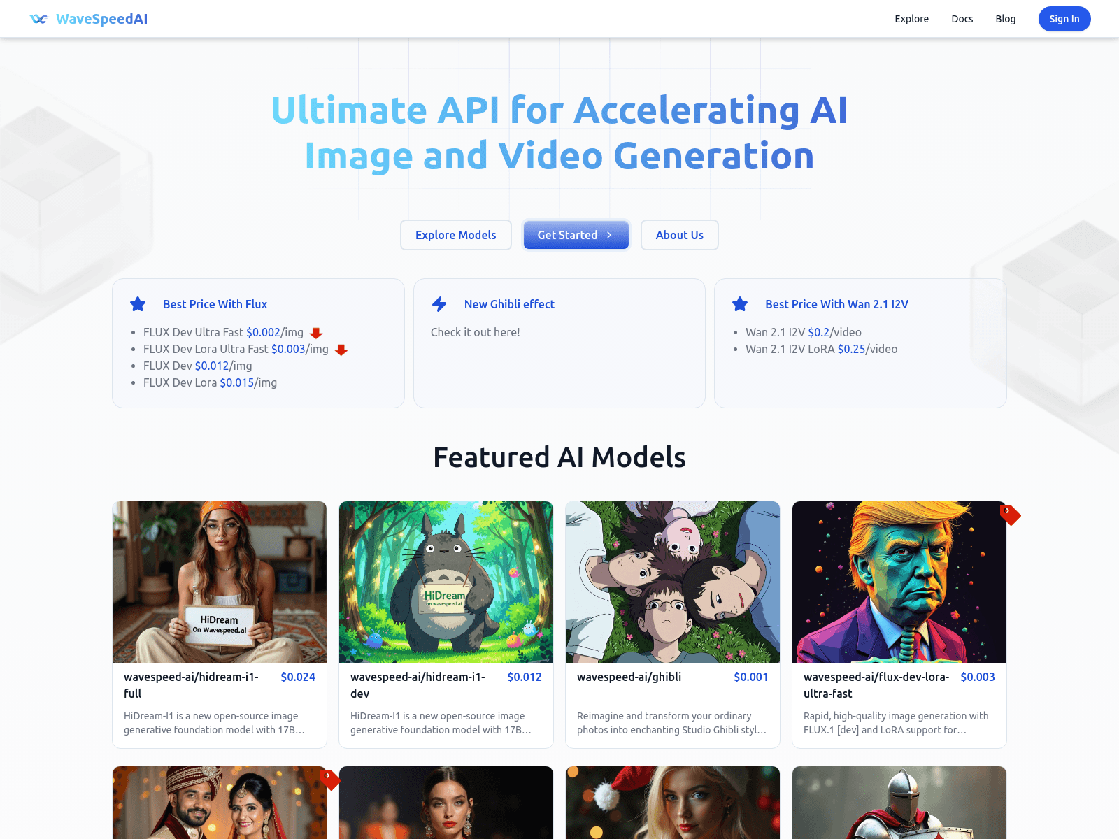 WaveSpeedAI:  A fast AI API for image and video generation, offering various models and competitive pricing.

