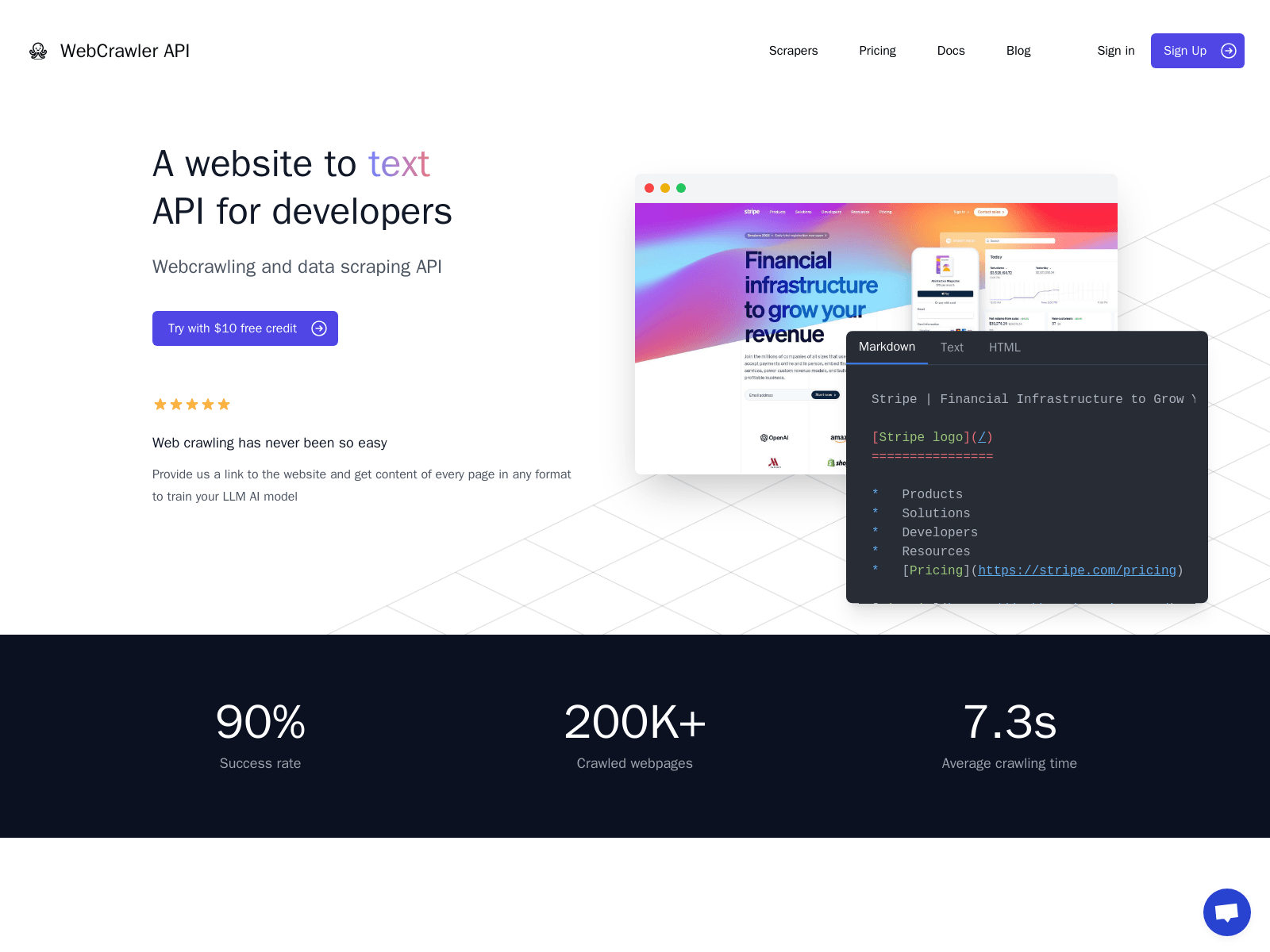 WebCrawler API:  A powerful web crawling and data extraction API for developers, offering easy integration and various output formats for LLM data.
