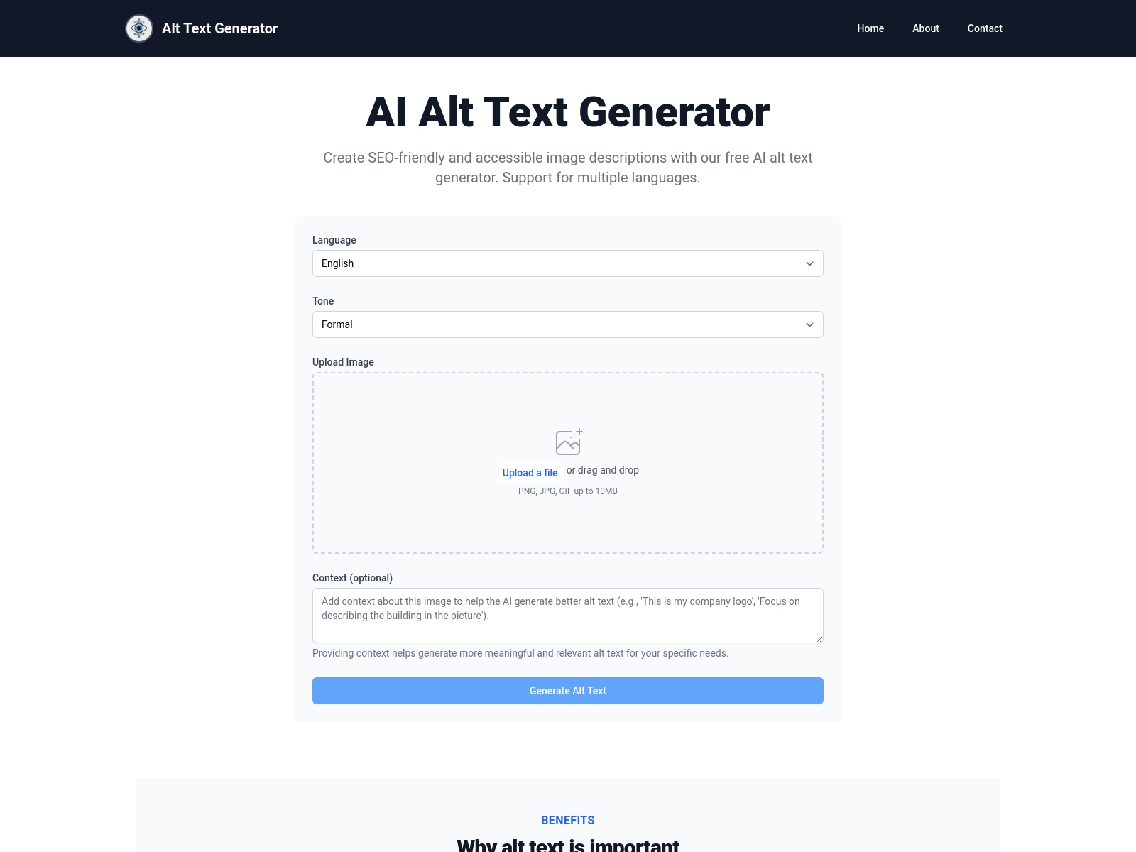 Free AI-powered tool to generate accurate and accessible alt text for images, improving SEO and website accessibility.
