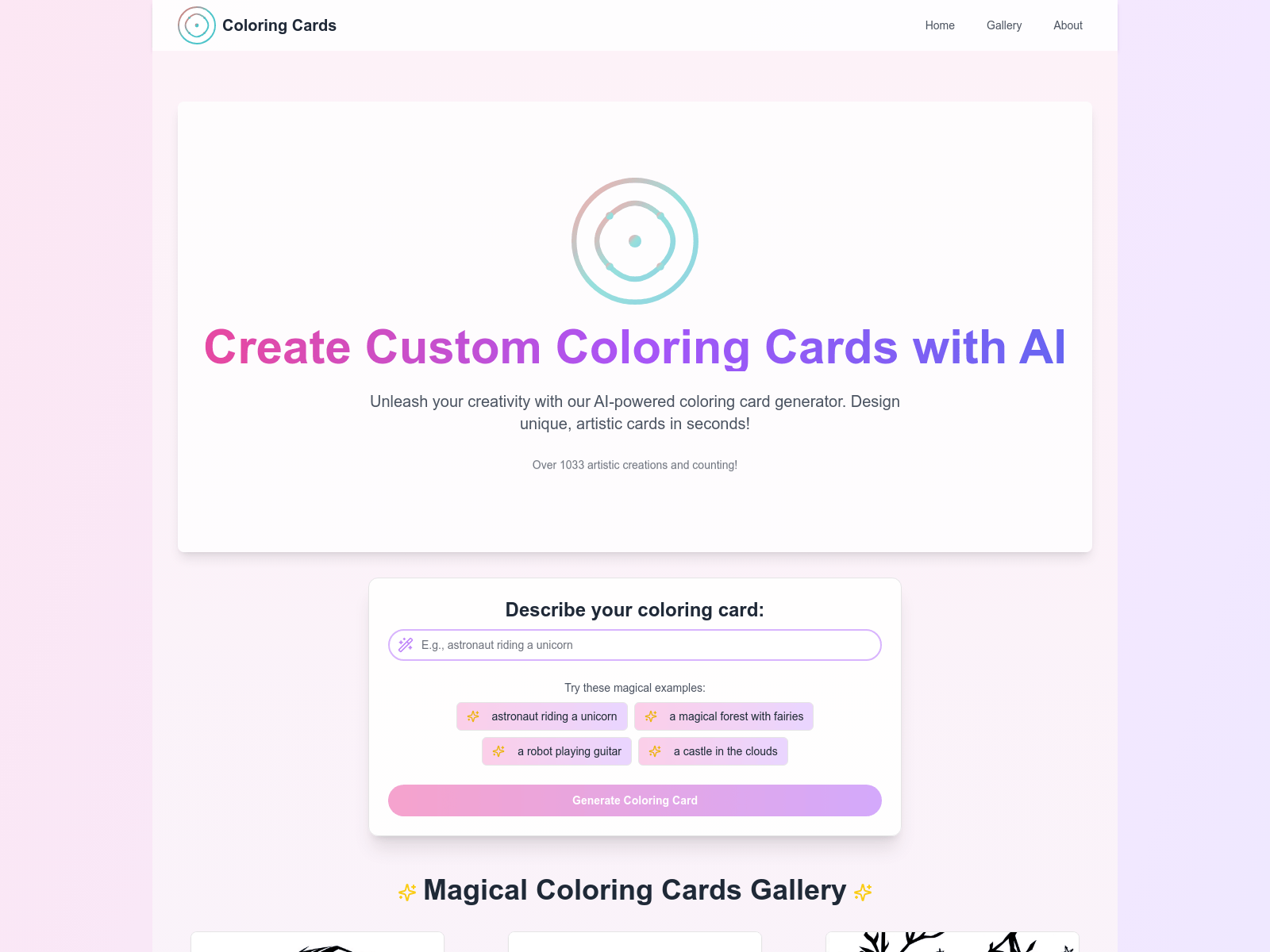 AI-powered coloring card generator; create custom artistic designs instantly.
