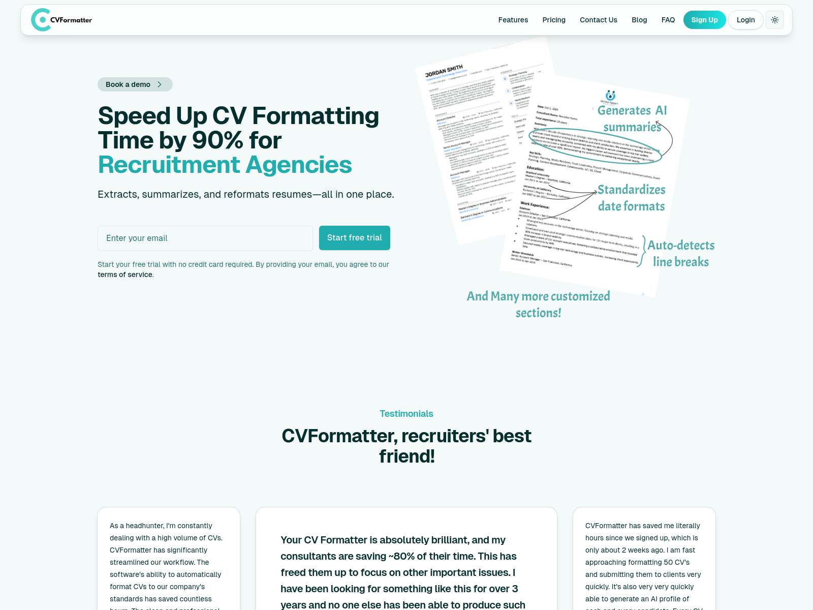 AI-powered CV reformatter for recruitment agencies, boosting efficiency and saving time.
