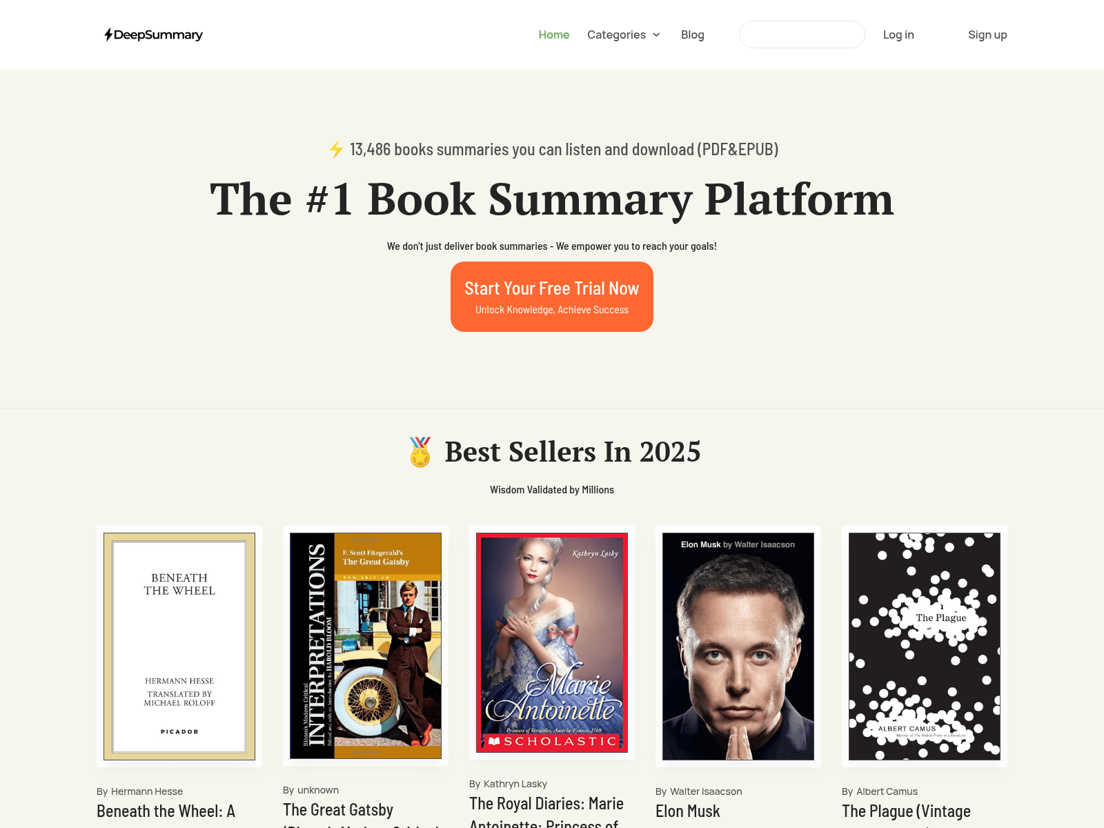 DeepSummary provides audio, PDF, and EPUB book summaries of bestsellers, offering knowledge access and goal achievement.
