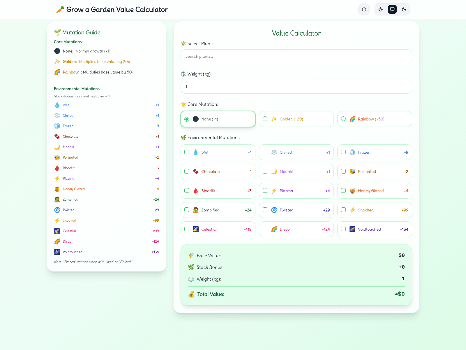 A Roblox Grow a Garden calculator to determine crop value, including mutations, for maximizing Sheckles.
