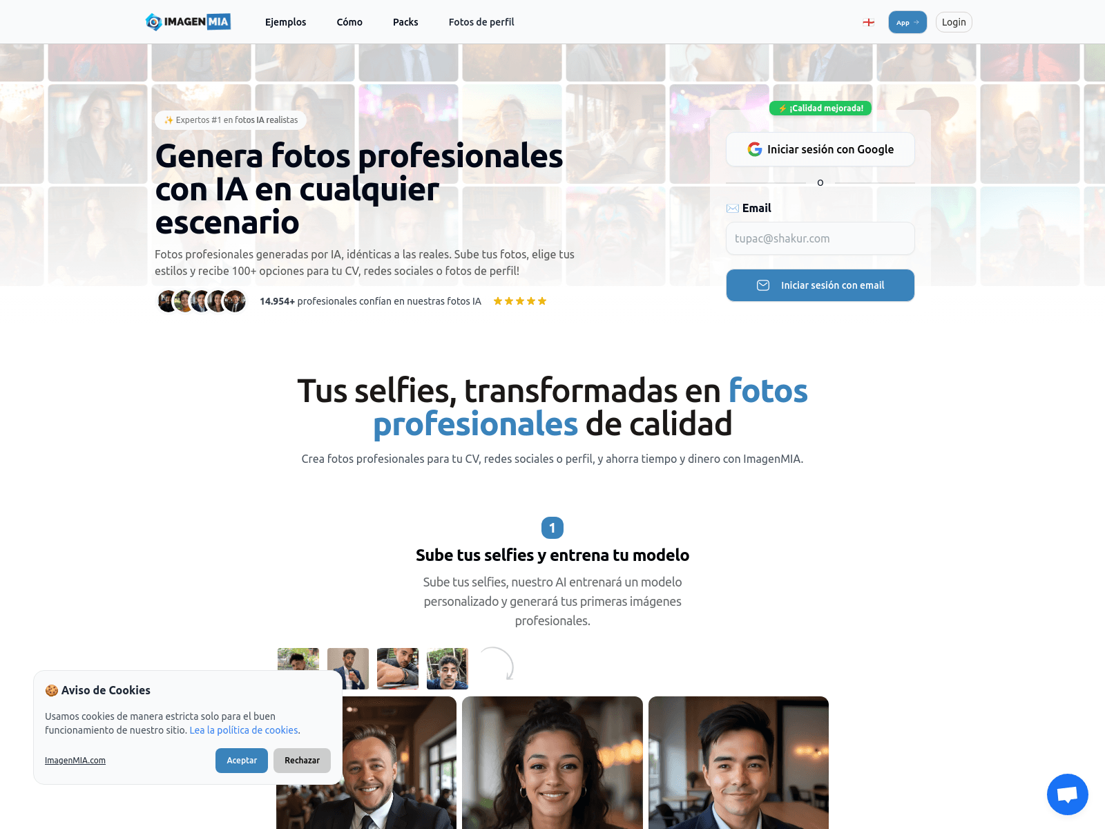 ImagenMIA: AI-powered professional photo generator for CVs, social media, and profiles.  Get 100+ options.
