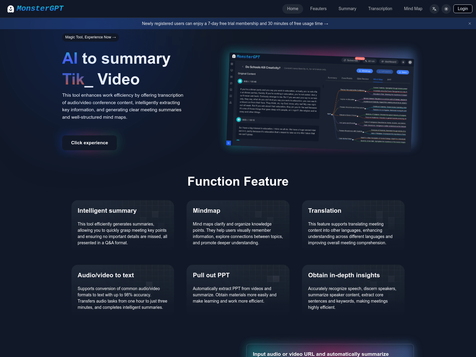 MonsterGPT: AI-powered meeting transcription, summarization, and mind map generation tool boosting work efficiency.
