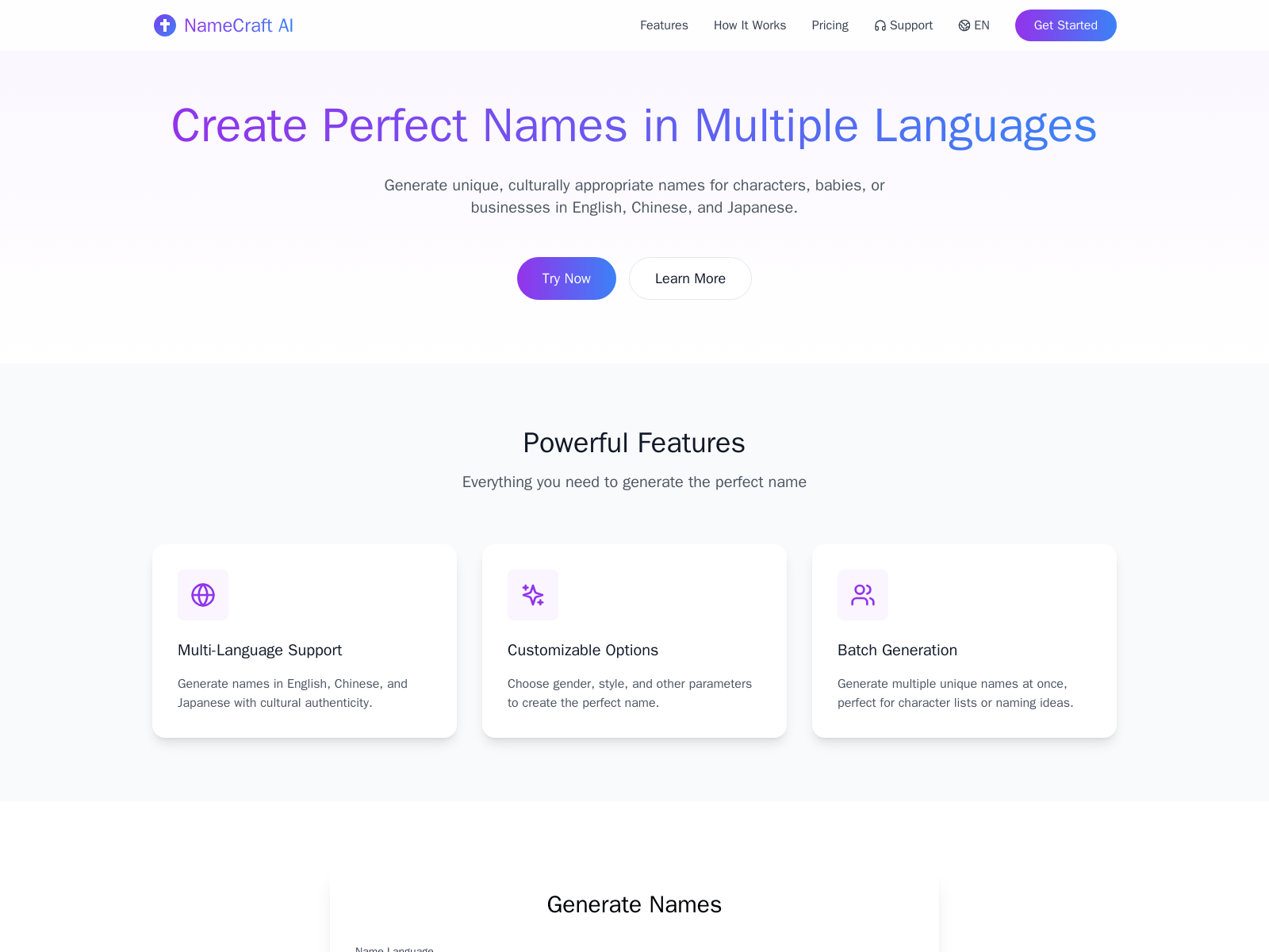 AI-powered name generator for English, Japanese, and Chinese names, offering unique and culturally appropriate options.
