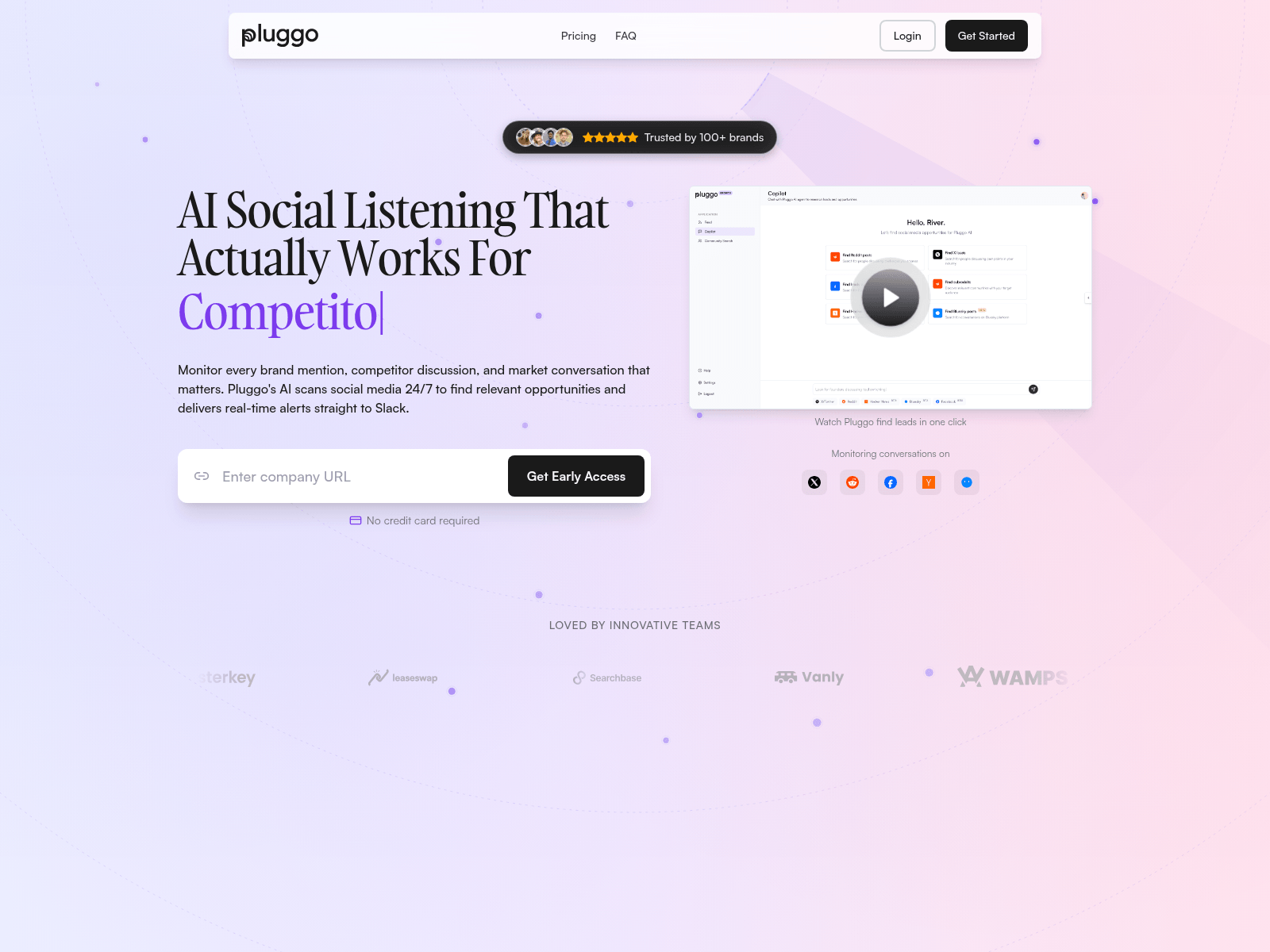 Pluggo offers AI-powered social media monitoring for B2B SaaS, providing real-time lead generation and brand insights from platforms like Reddit and Twitter.
