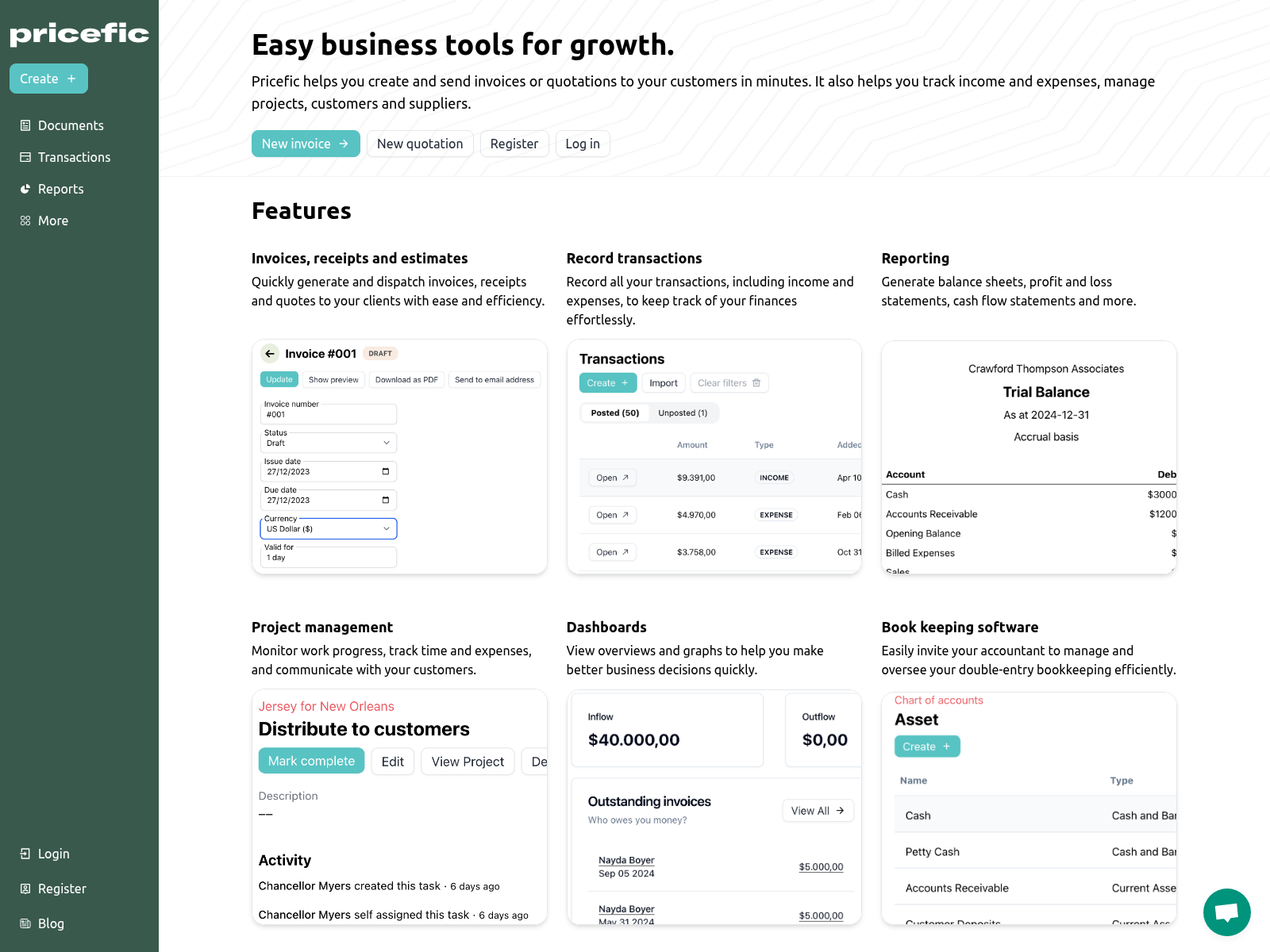 Pricefic:  Easy-to-use business tools for invoicing, expense tracking, project management, and reporting.
