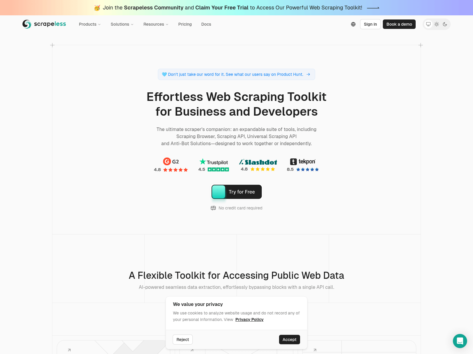 Scrapeless provides a full-stack web scraping toolkit including APIs, browser, and anti-bot solutions for efficient data extraction.

