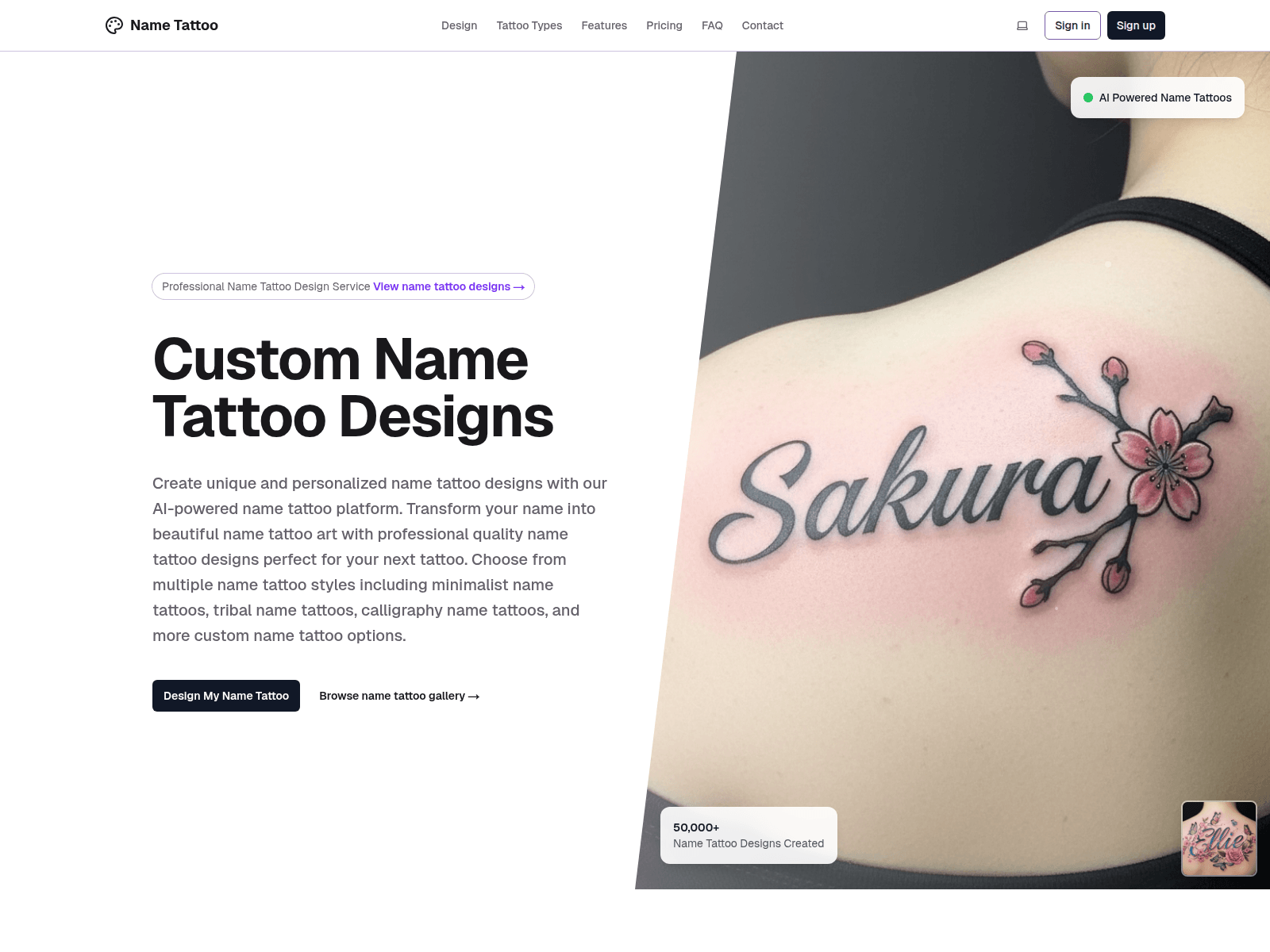 AI-powered name tattoo design platform offering custom tattoo art in various styles,  including minimalist, tribal, and calligraphy, with credit-based pricing.
