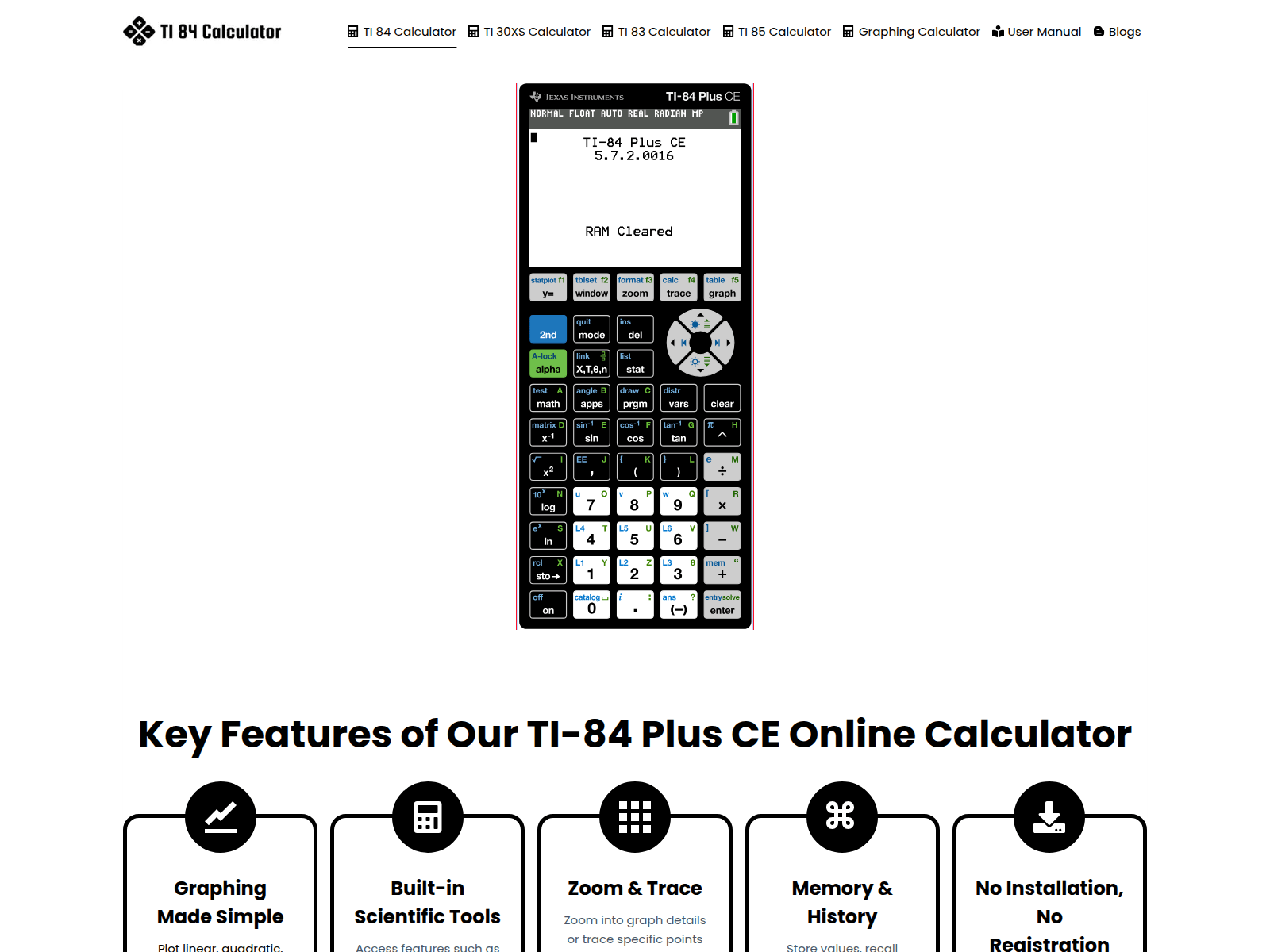 Free online TI-84 Plus CE graphing calculator simulator for students, teachers, and professionals.
