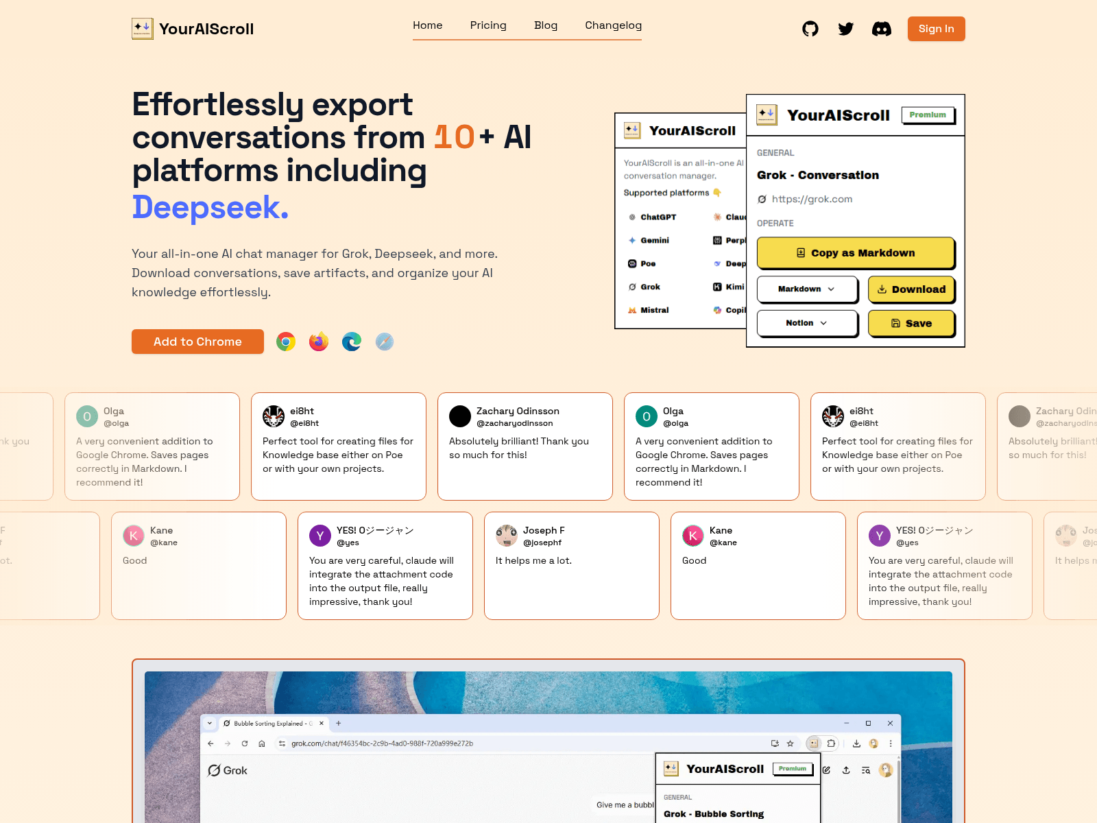 YourAIScroll: Export and manage AI chat history from various platforms like Grok, Deepseek, and Gemini.  Download conversations and artifacts effortlessly.
