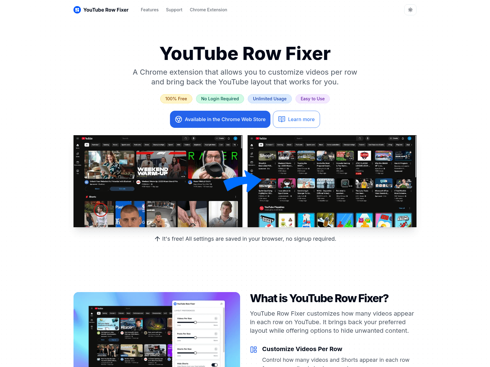 A Chrome extension to customize YouTube's video layout per row, restoring preferred settings.
