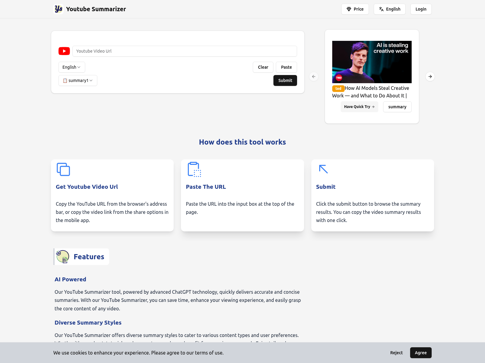 AI-powered YouTube summarizer providing quick, concise summaries in multiple languages;  free access, no account needed.
