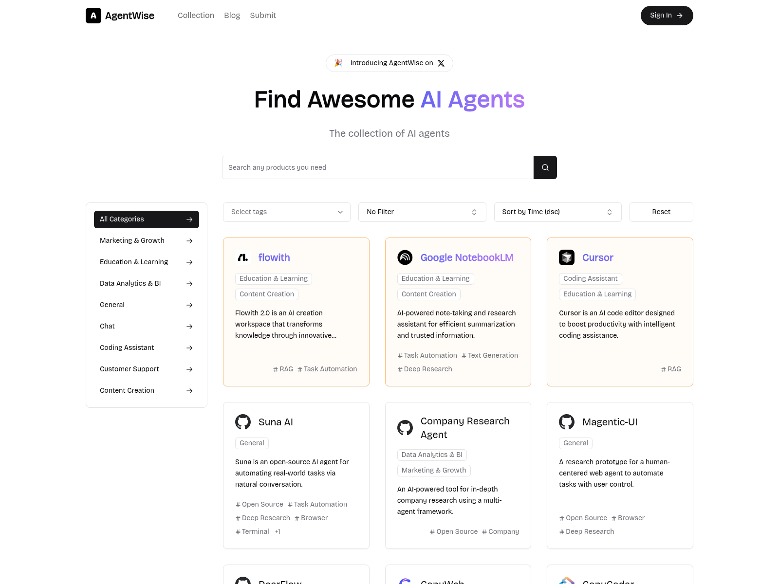 AgentWise: A curated directory of AI agents and tools for various tasks, allowing users to compare features and find the best AI solutions.
