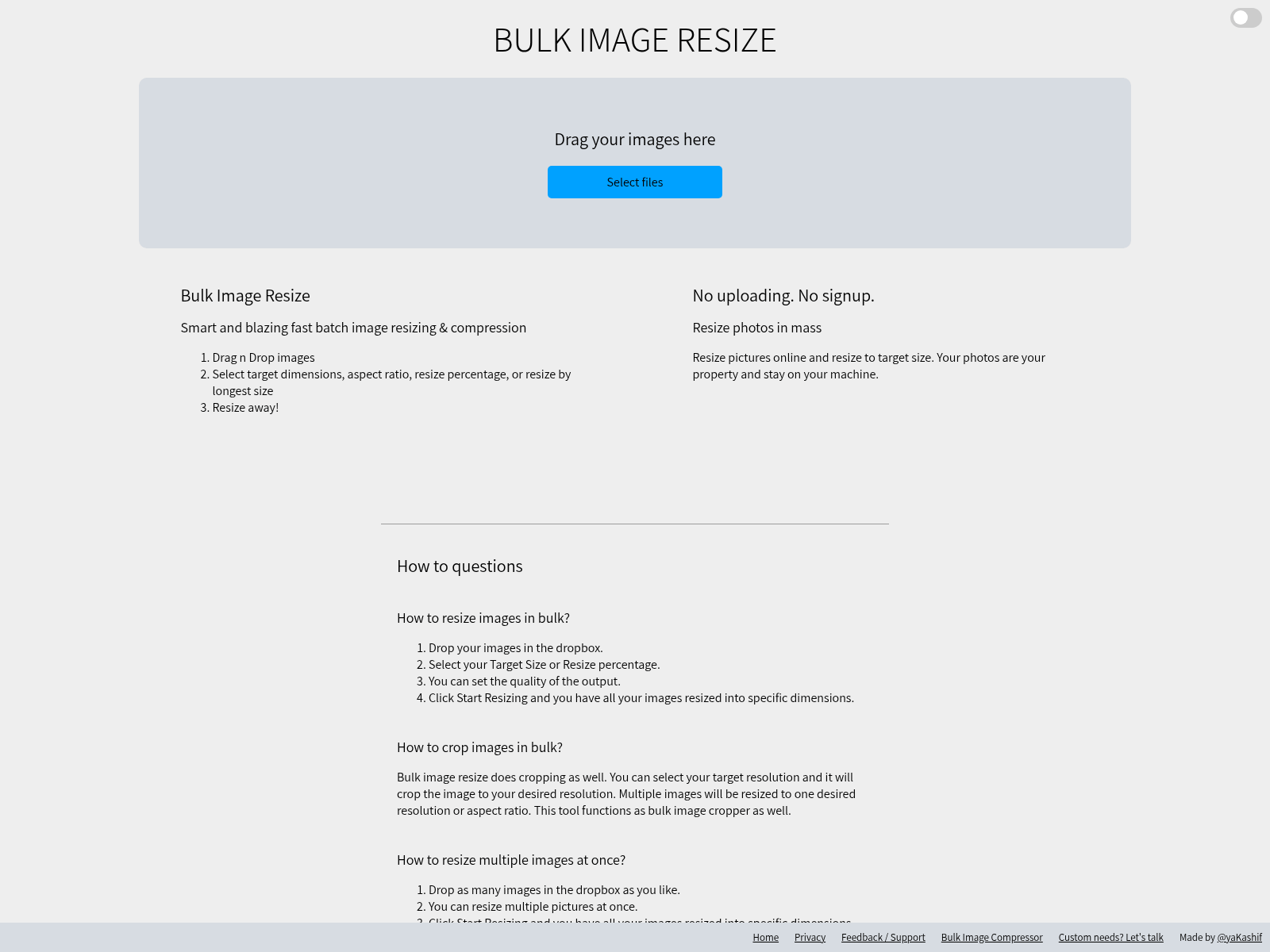 Bulk Image Resize: A fast, online tool for batch resizing and compressing images without uploads or signup.
