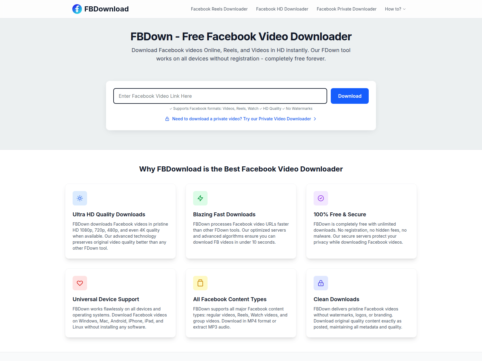 Download Facebook videos, Reels, and Watch content in HD, fast, and free.