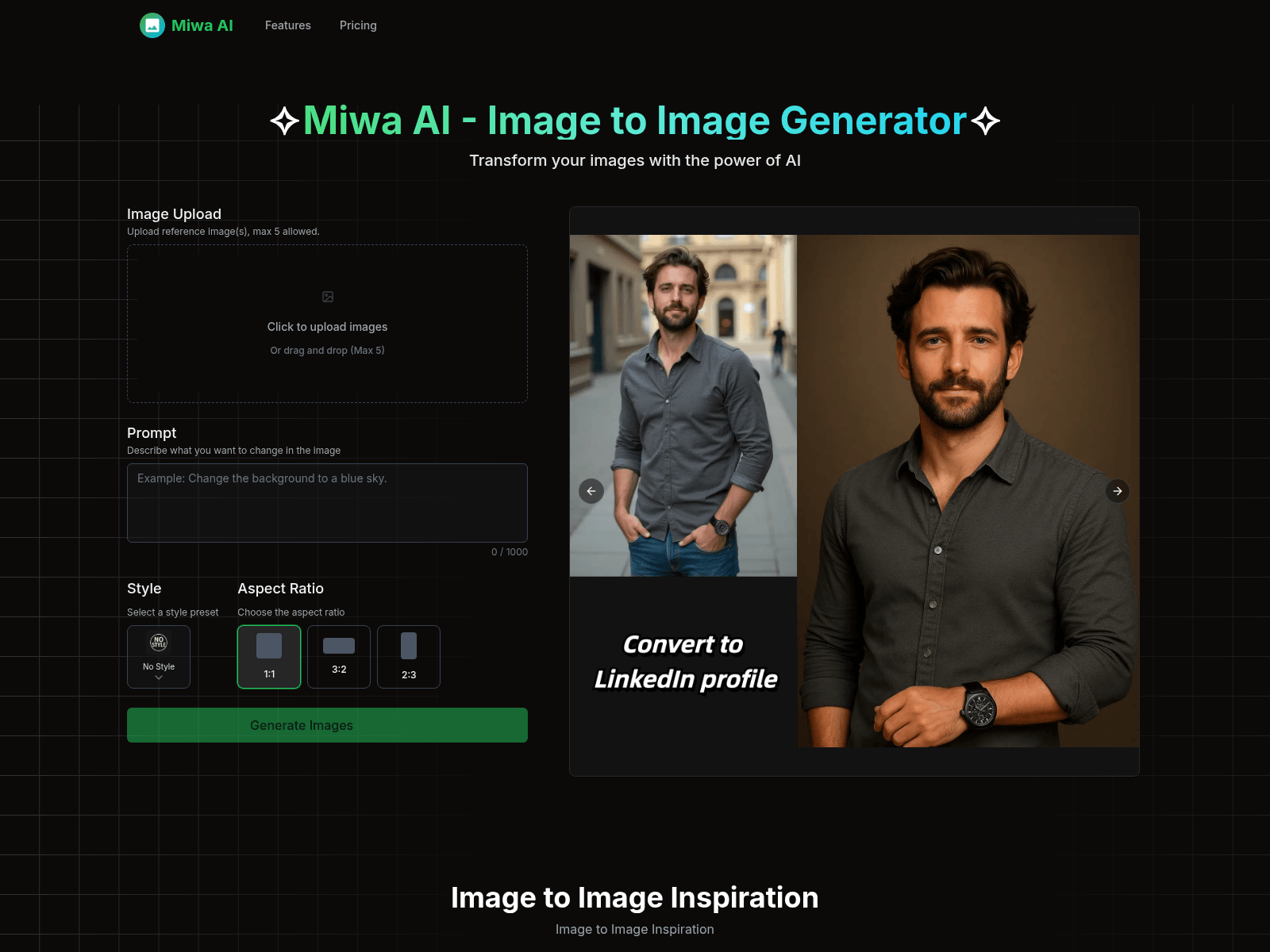 Miwa AI is an AI-powered image-to-image generator offering style transfer and prompt-based image editing.