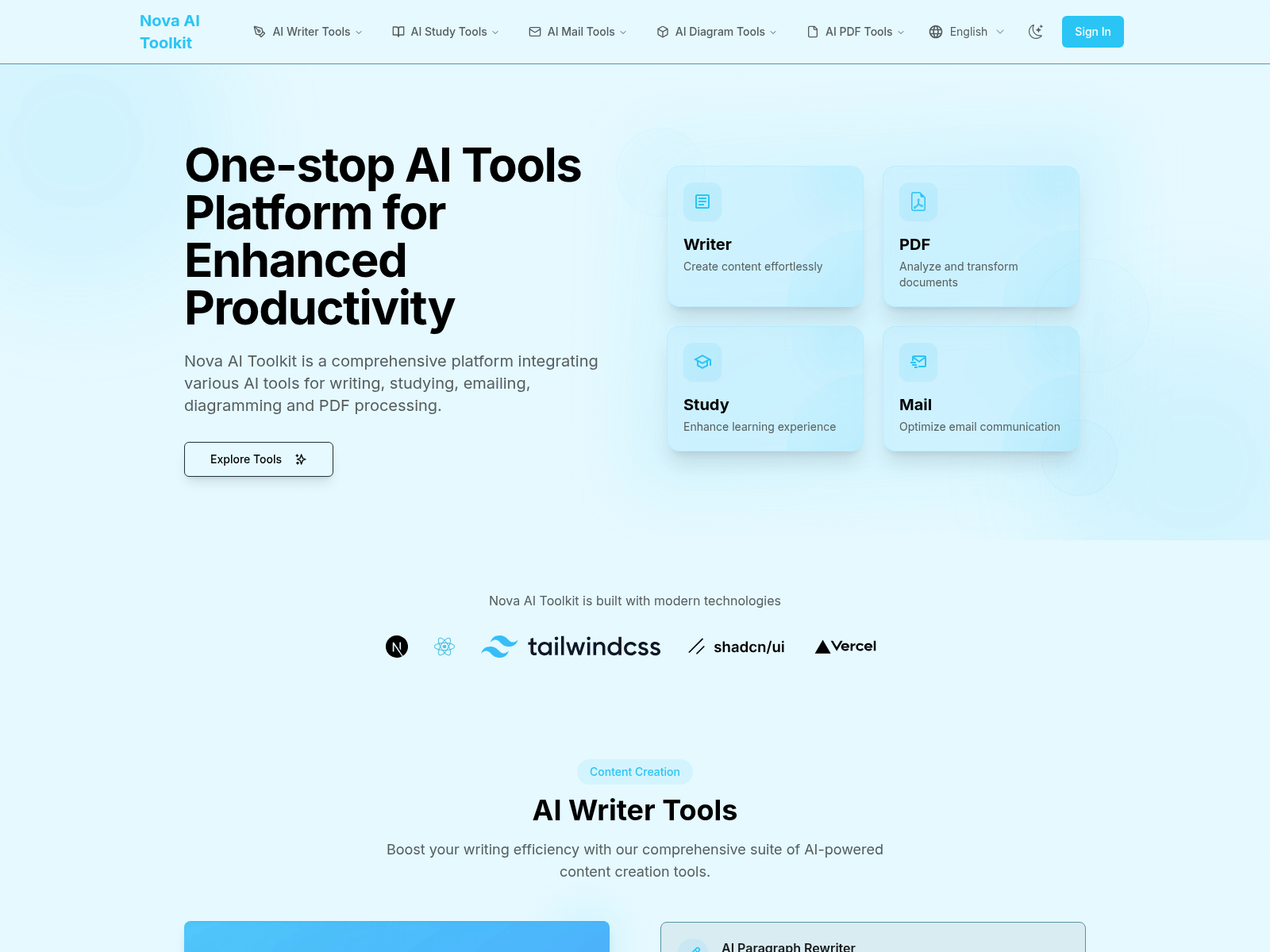 Nova AI Toolkit: A comprehensive platform integrating AI tools for writing, studying, emailing, diagramming, and PDF processing.