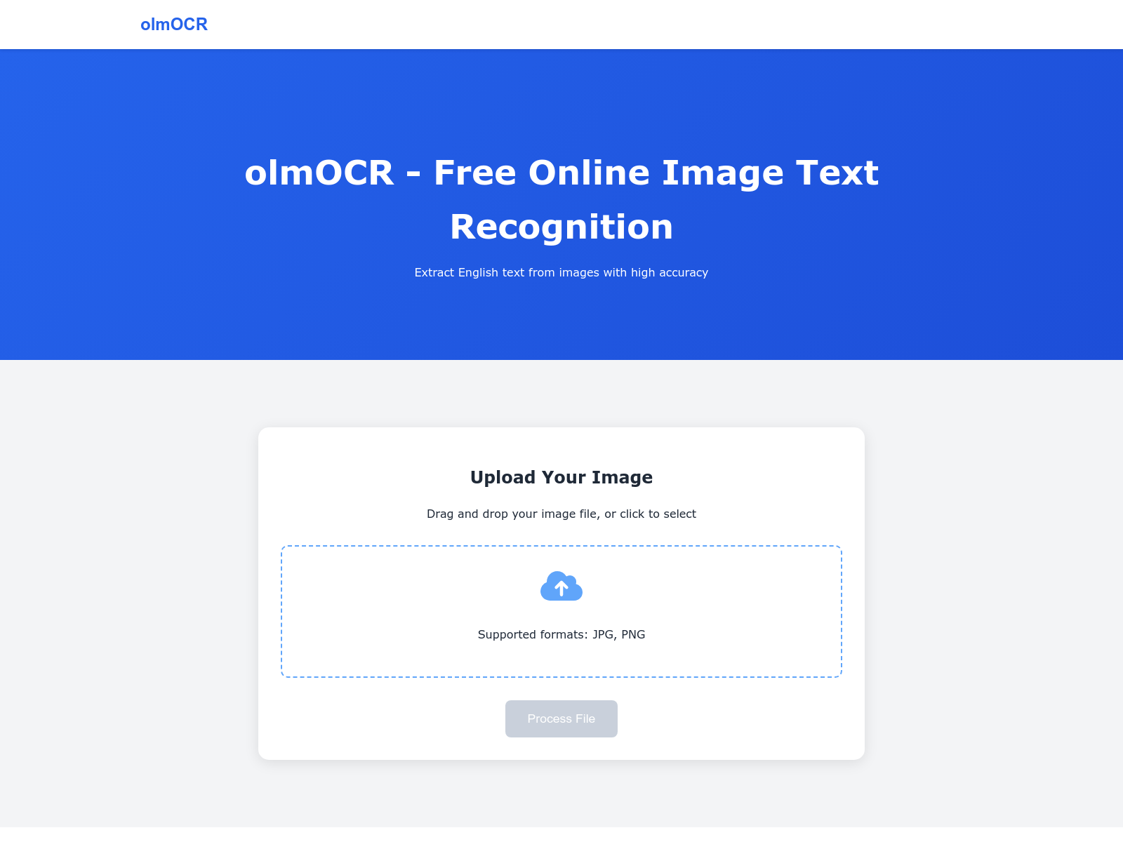Free online OCR tool to extract English text from JPG and PNG images using the olmOCR model.