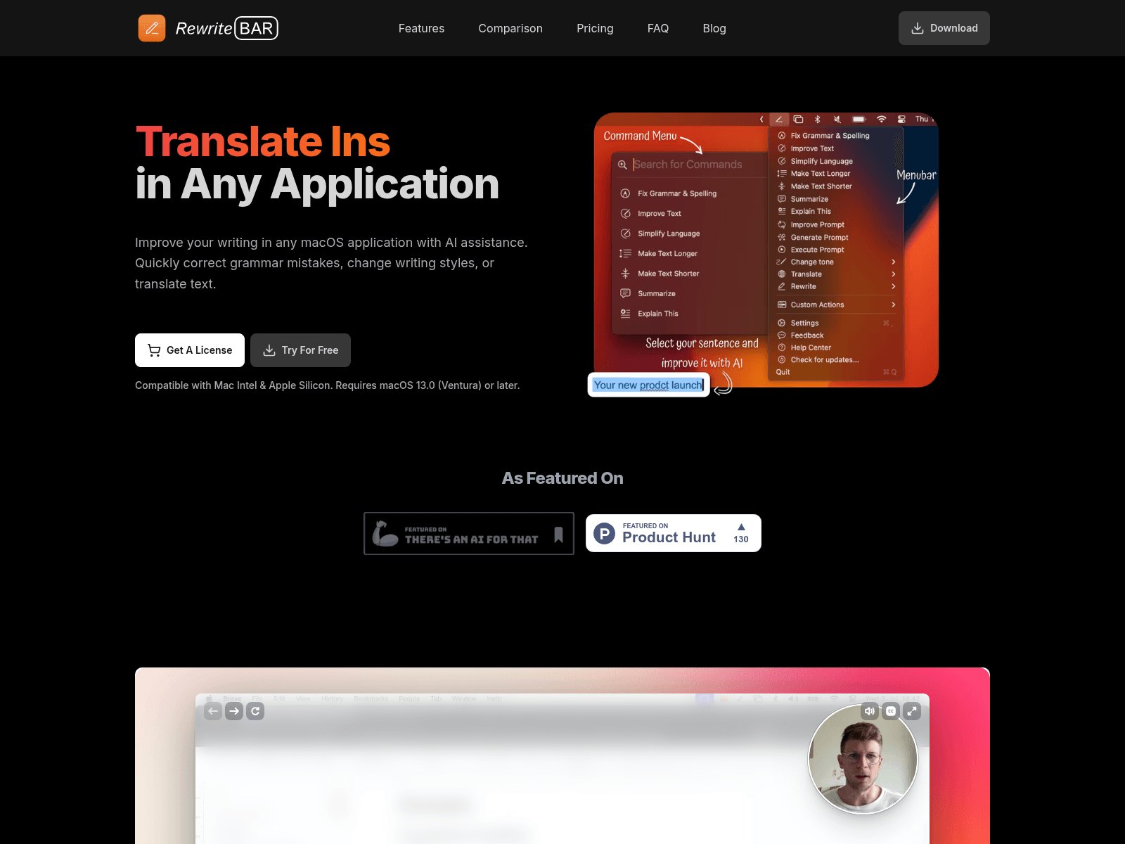 RewriteBar: A macOS menu bar AI assistant for improving writing in any application.