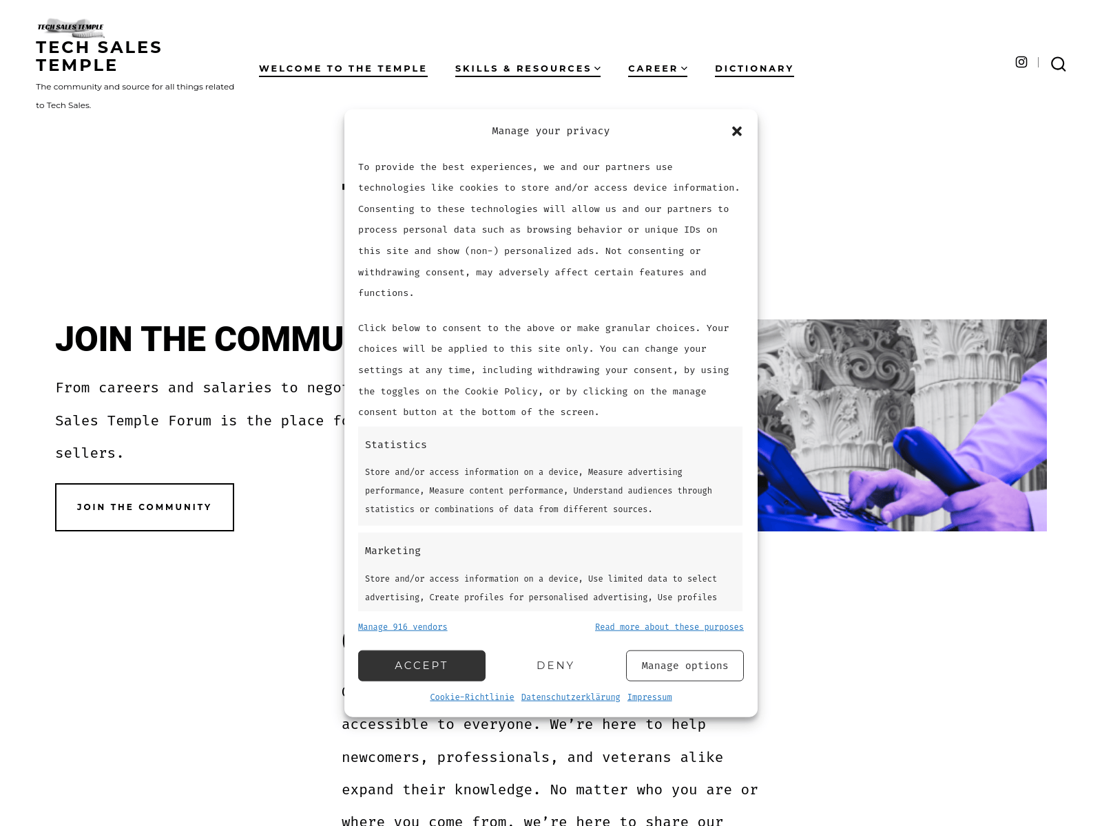 Tech Sales Temple: a community and resource for tech sales professionals, offering skills development, networking, and a forum for knowledge sharing.