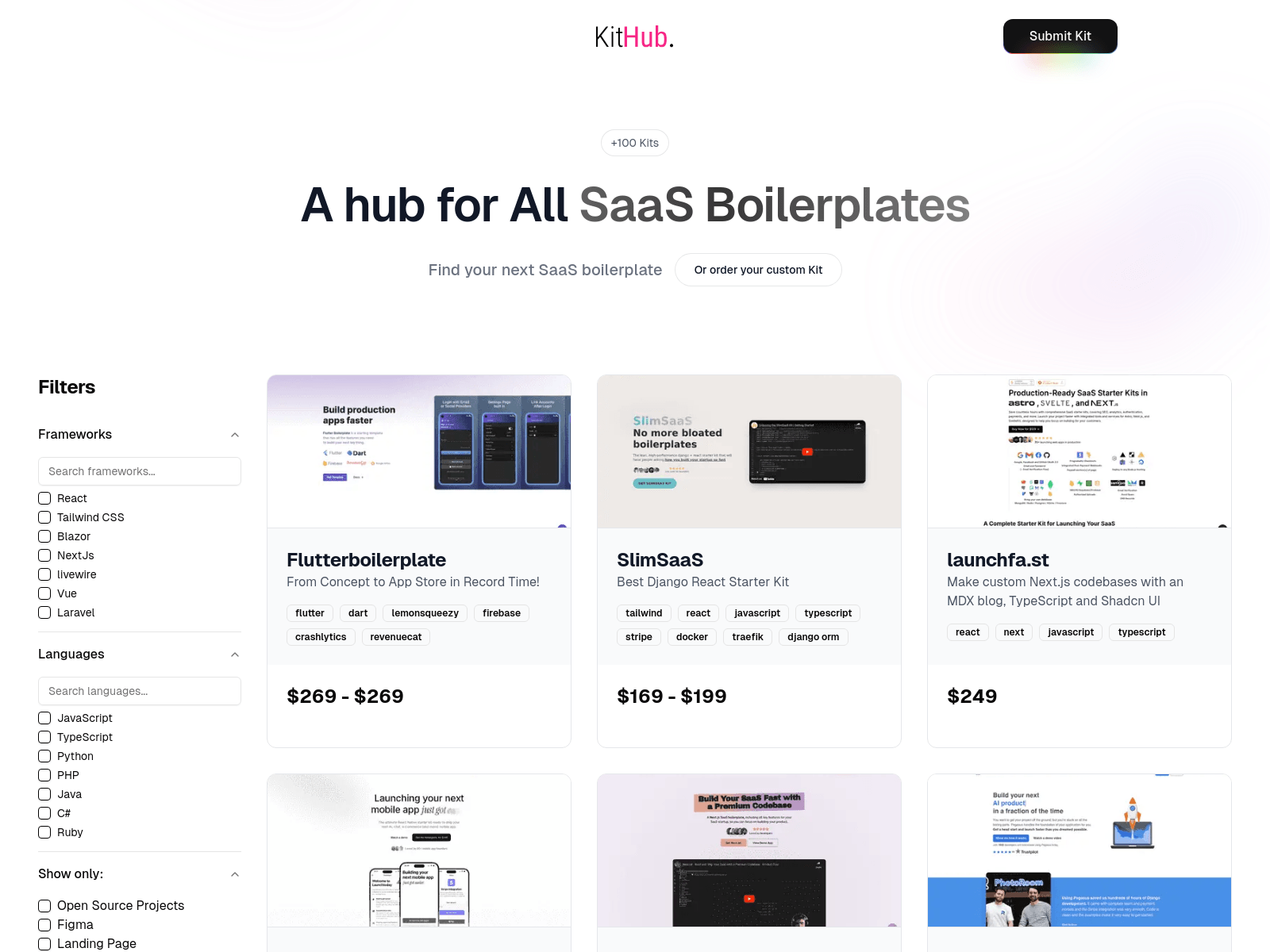 Kithub offers a curated collection of SaaS boilerplates and development kits, filterable by language and framework to jumpstart your project.